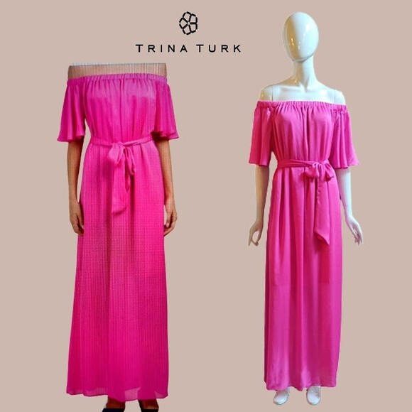 TRINA TURK Barbiecore Dopamine Off-Shoulder Chiffon Maxi Dress - Picture 1 of 11